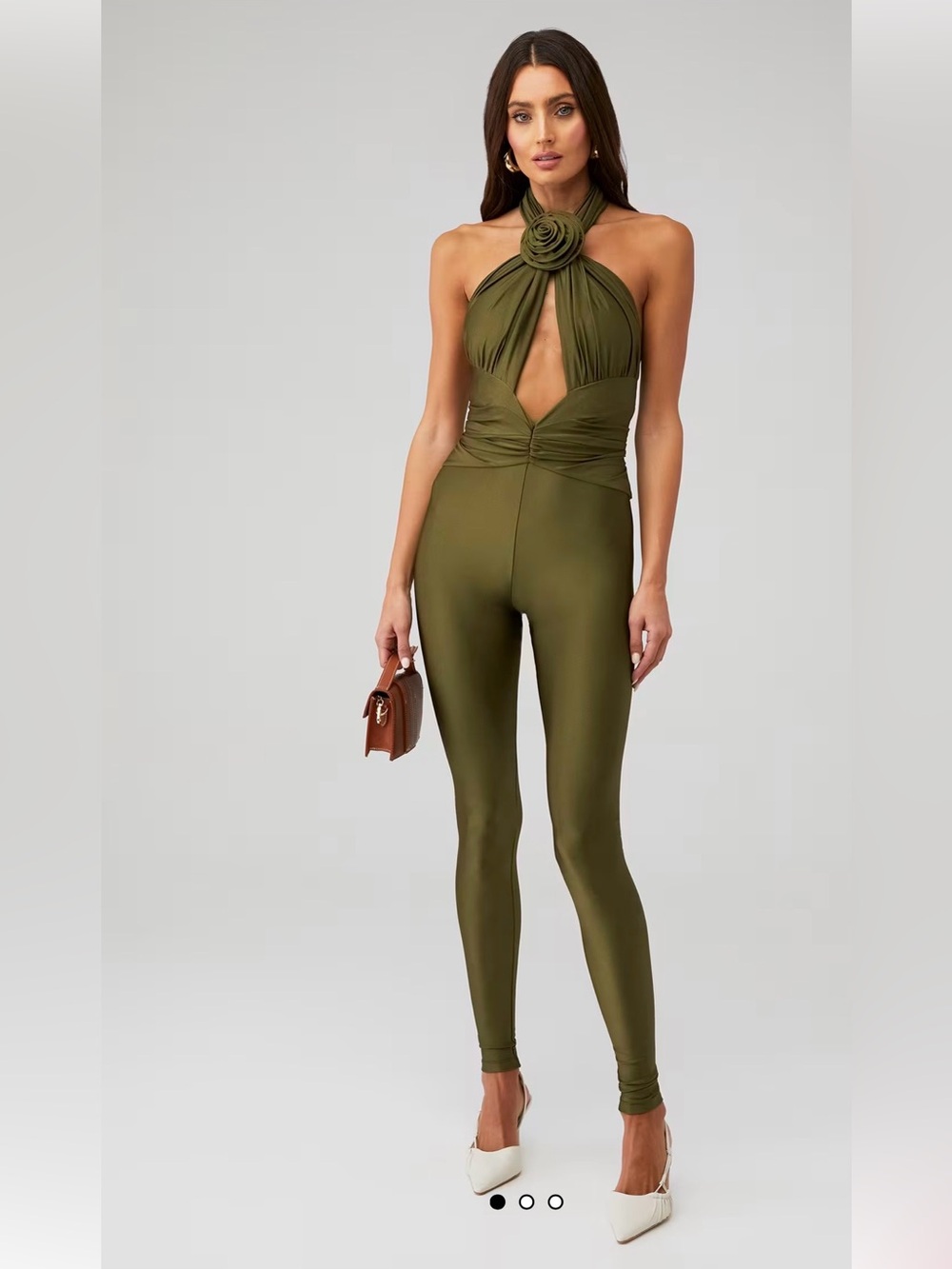 Ronny Kobo Olive Green Halter Rose-Accent Jumpsuit